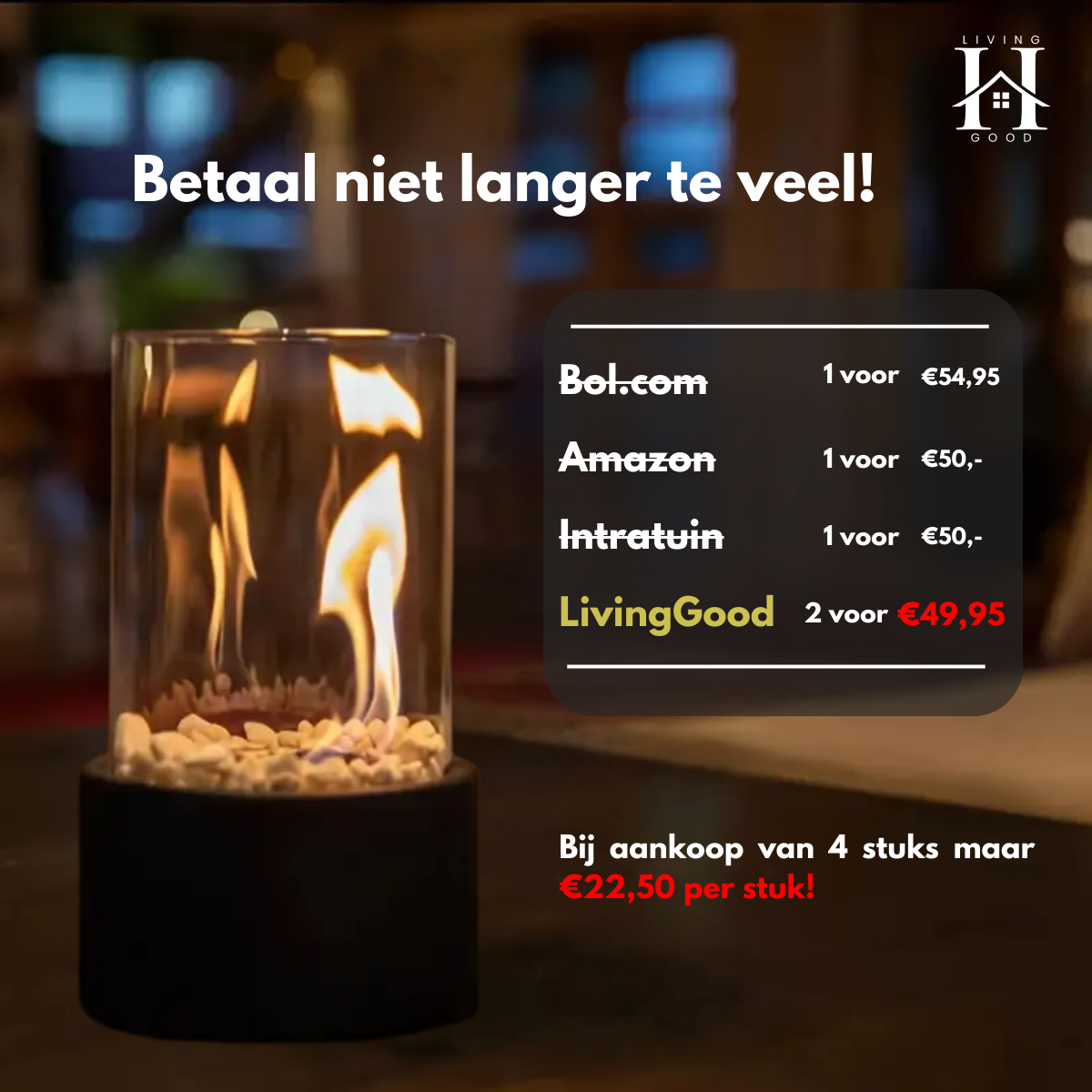 LivingGood | Tafelhaard Bio Ethanol | Binnen en Buiten | 1+1 Gratis